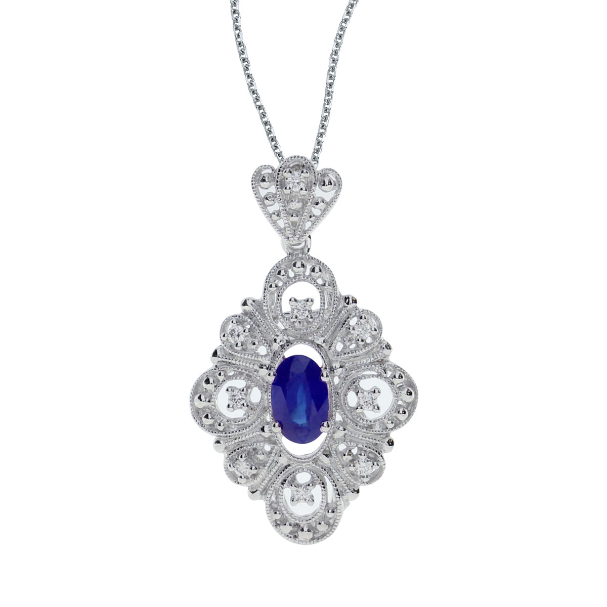 JCX2597: This beautiful 14k white gold pendant features a bright 6x4 mm oval sapphire and .08 carats of shimmering diamonds.