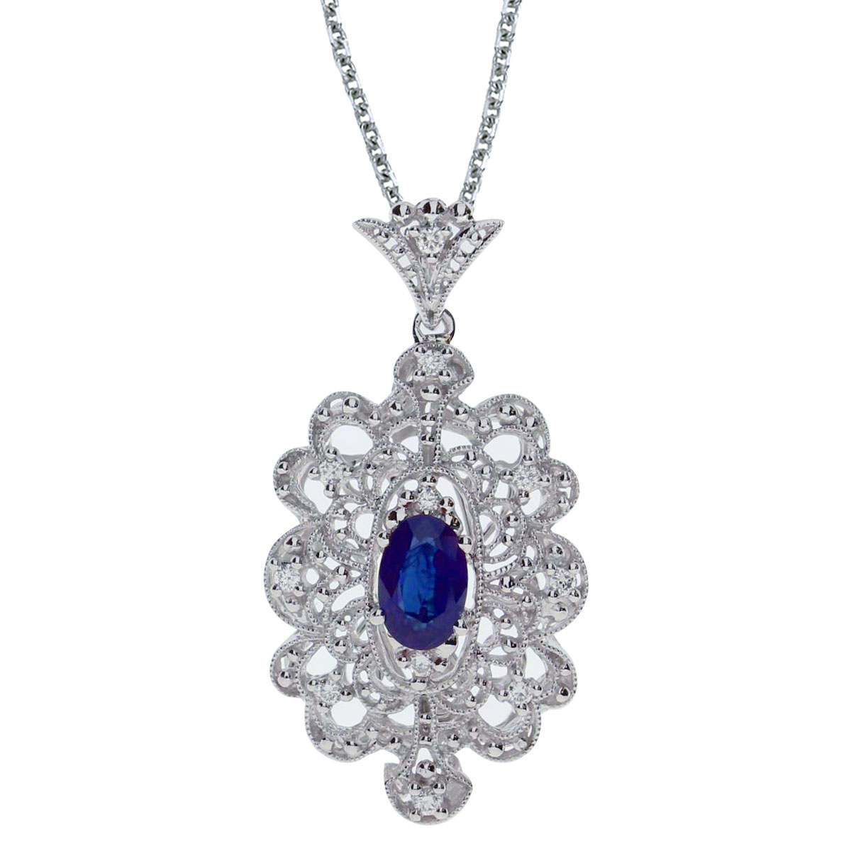JCX2600: This beautiful 14k white gold pendant features a bright 6x4 mm oval sapphire and .10 carats of shimmering diamonds.