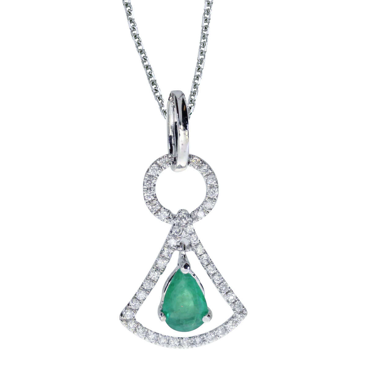 JCX2604: This unique 14k white gold pendant features a striking 6x4 mm pear emerald and .16 carats of shimmering diamonds.