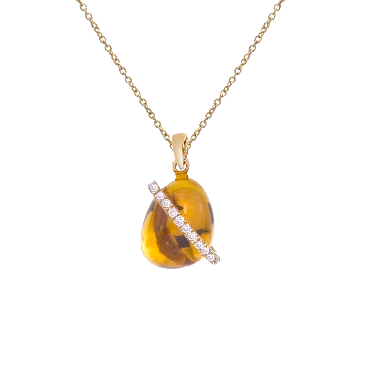JCX2608: A luminous 9x7 mm cabochon citrine pendant with a ring of bright diamonds set in 14k yellow gold.