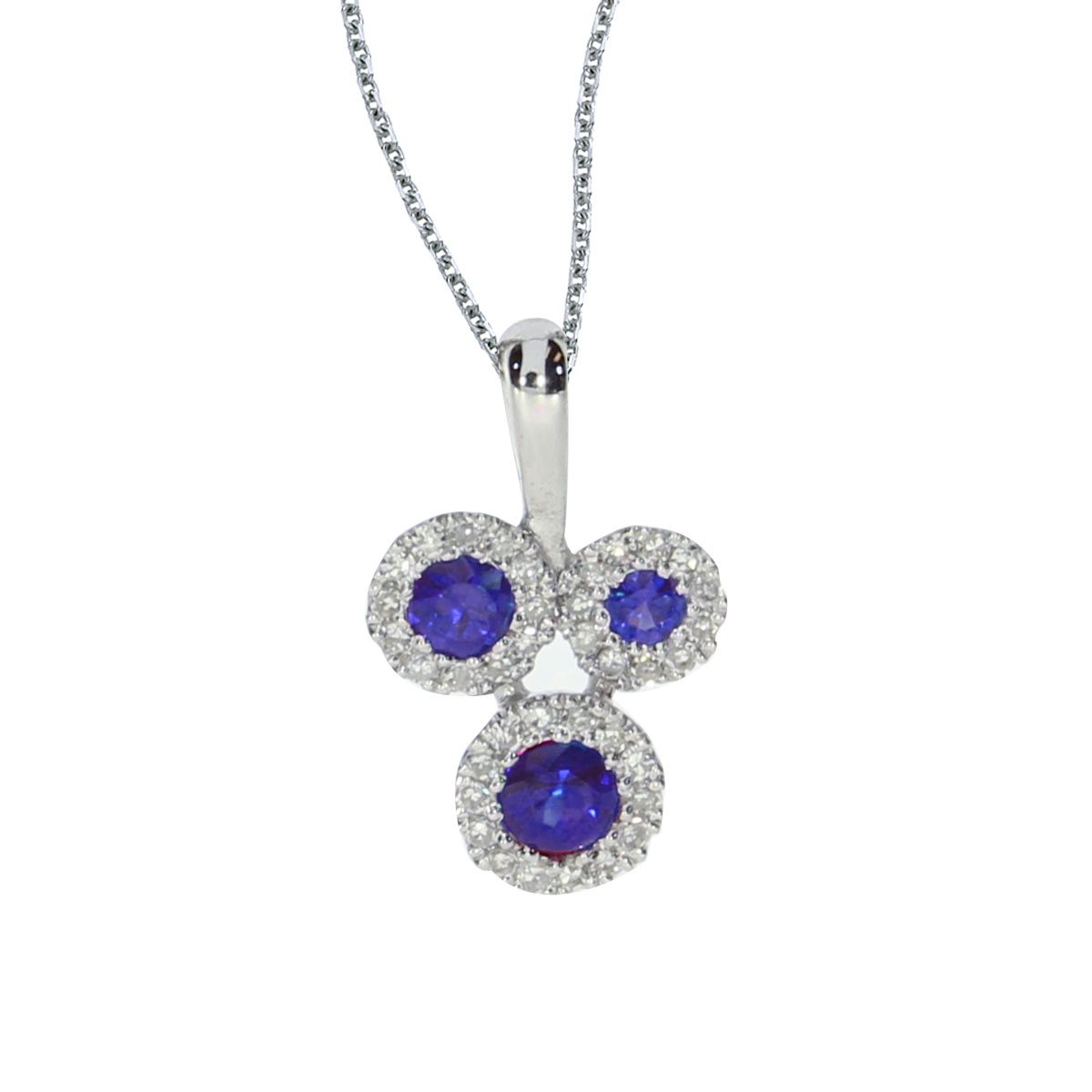JCX2614: This 14k white gold pendant contains three 2.8 mm sapphires surrounded by .07 carats of shimmering diamonds.