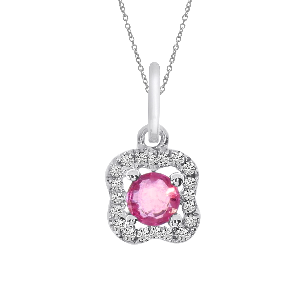 JCX2616: A charming pendant in 14k white gold with a beautiful 3.5 mm round ruby and .05 ct diamonds.