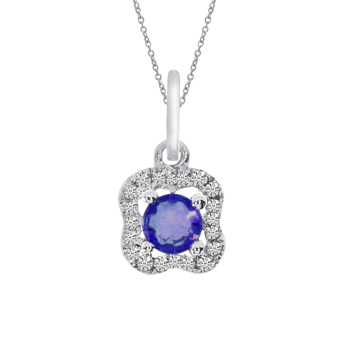 JCX2617: A charming pendant in 14k white gold with a beautiful 3.5 mm round sapphire and .05 ct diamonds.