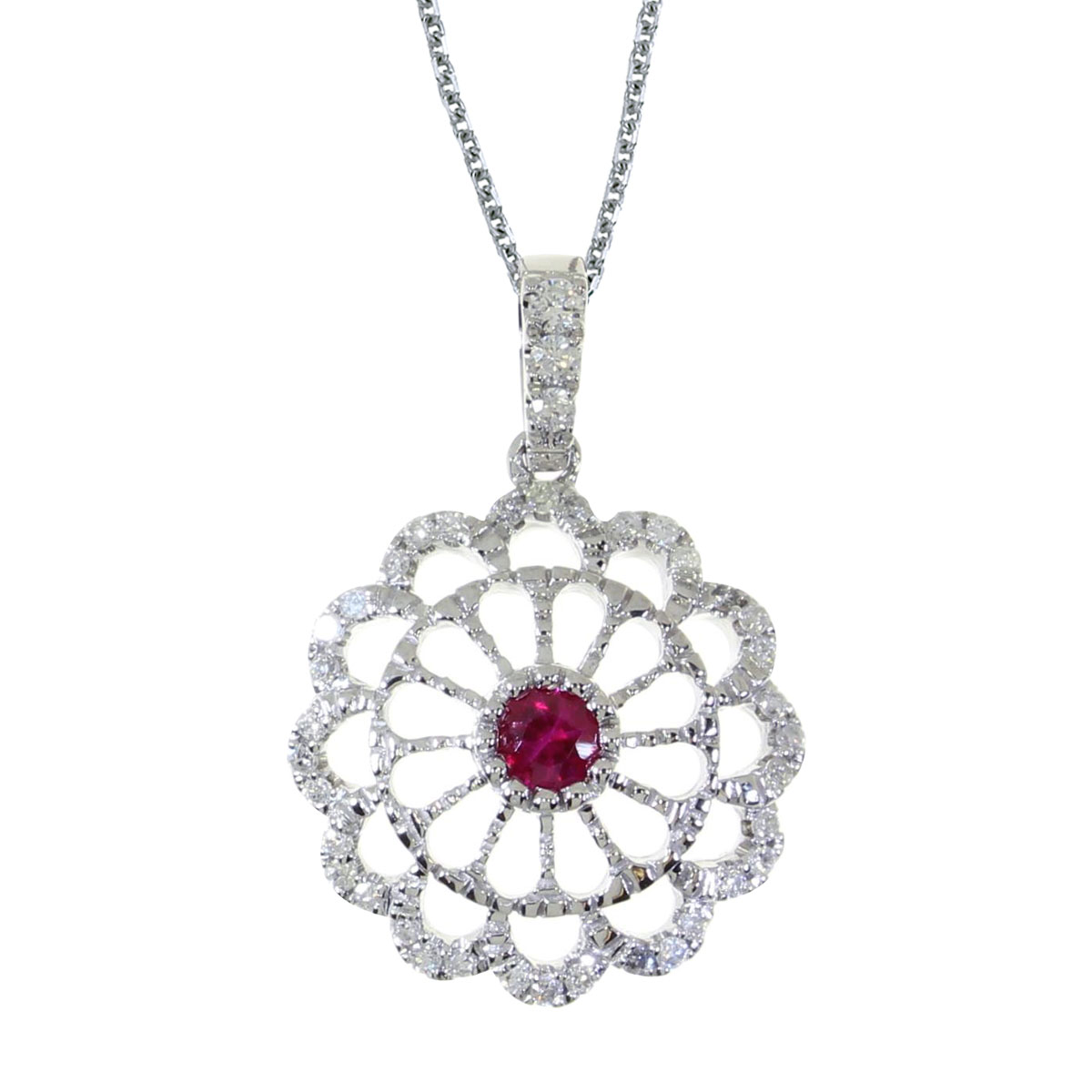 JCX2620: This beautiful 14k white gold  pendant features  a bright 3.5 mm round ruby and .05 carats of shimmering diamond.