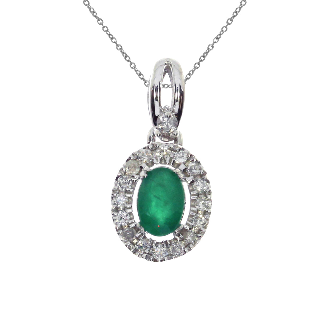 JCX2627: The genuine 6x4 mm oval emerald gives this pendant a dash of color  while the halo of natural diamonds creates shimmering radiance.