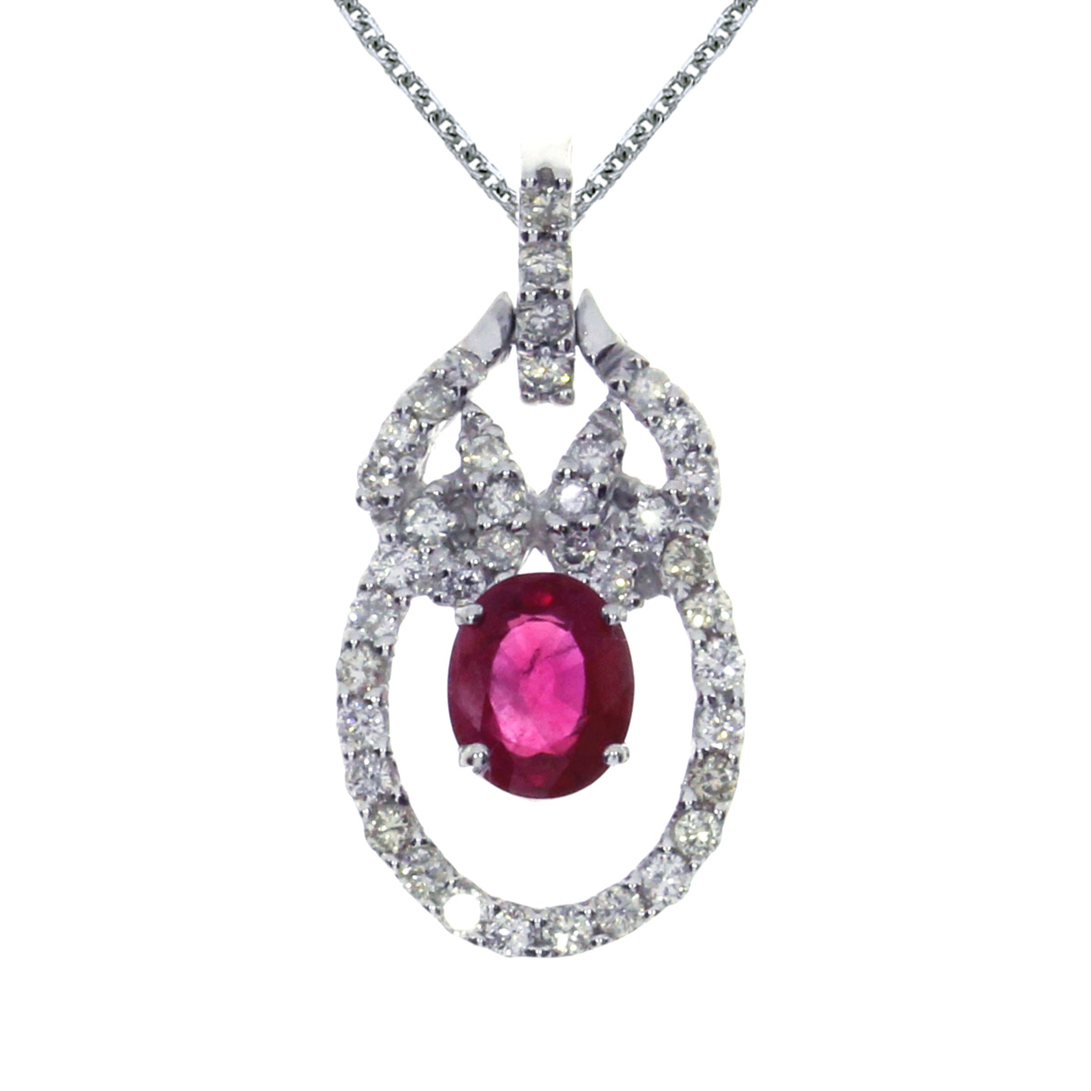JCX2632: This beautiful 14k white gold pendant contains a stunning 6x5 mm oval ruby and .23 carats of diamonds all in a fashionable design.