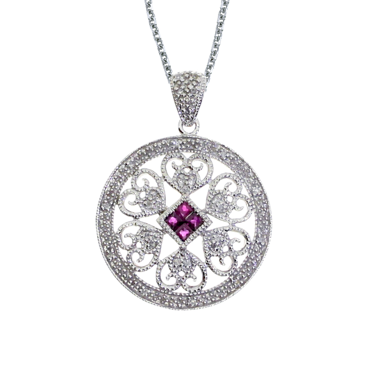 JCX2634: A beautiful round filigree pendant with four rubies and .08 total ct diamonds.