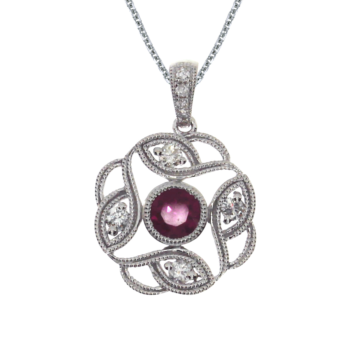 JCX2639: A genuine 5 mm ruby sits within the radiant 14k white gold pendant design with .12 ct diamonds.