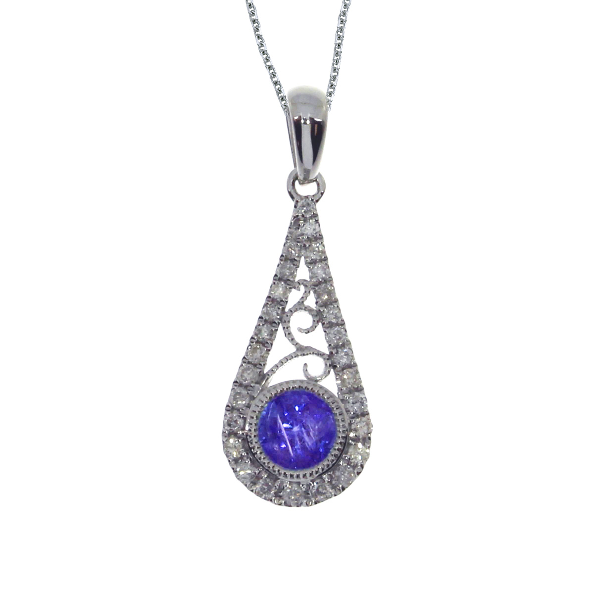 JCX2643: This 14k white gold pendant contains a 5 mm center sapphire with .12 carats of diamonds in a unique design.