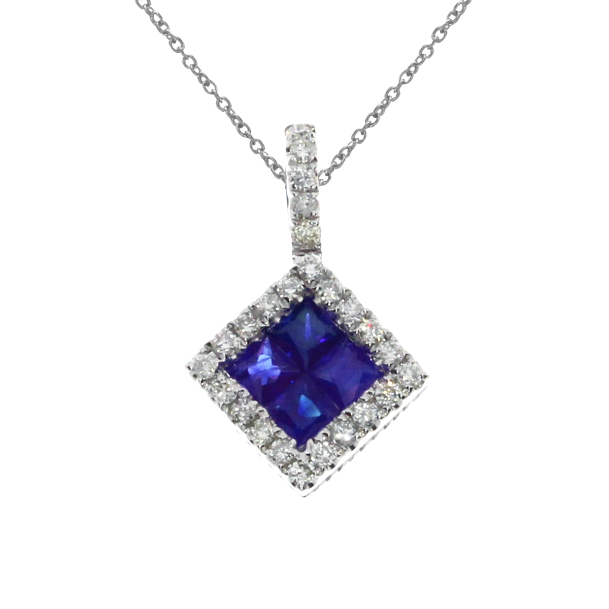 JCX2647: This sparkling pendant features four priness cut sapphires and .14 ct diamonds set in 14k white gold.