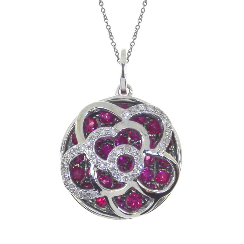 JCX2654: Beautifully designed 14k white gold pendant with dazzling rubies and bright diamonds.