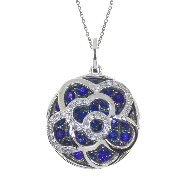 JCX2655: Beautifully designed 14k white gold pendant with bold sapphires and bright diamonds.