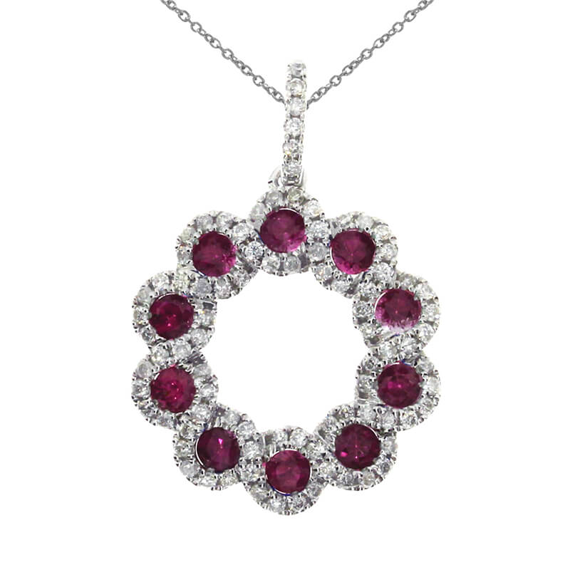 JCX2660: A circle of radiant rubies and bright diamonds in a 14k white gold pendant.