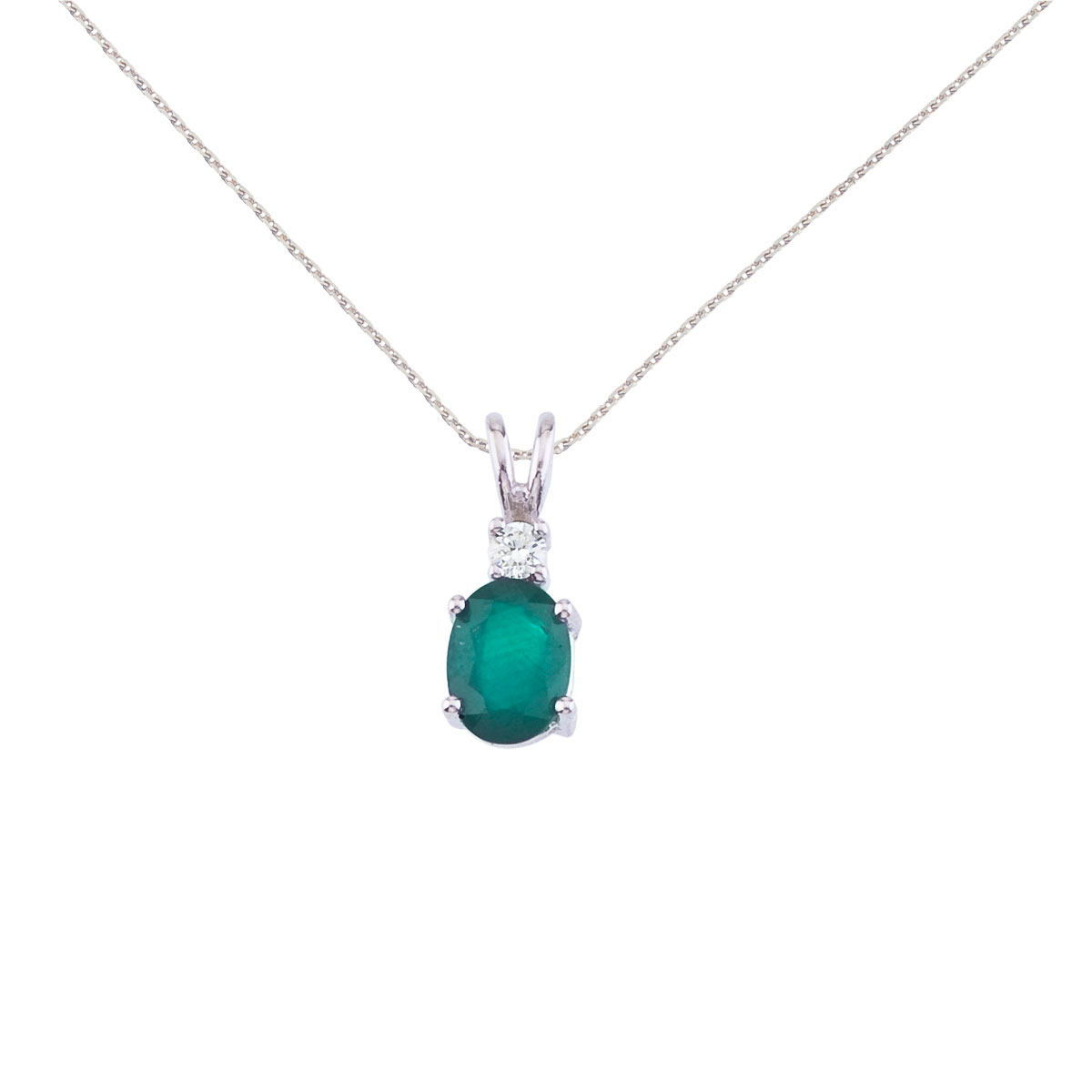 JCX2690: 7x5 mm natural emerald and diamond pendant set in 14k white gold.