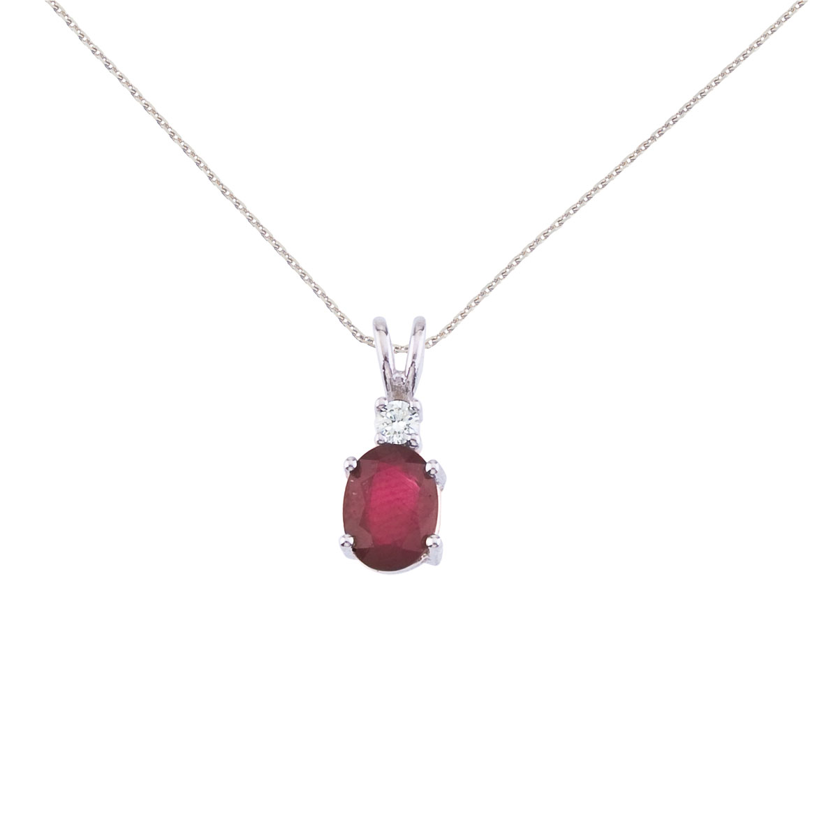 JCX2691: 7x5 mm natural ruby and diamond pendant set in 14k white gold.