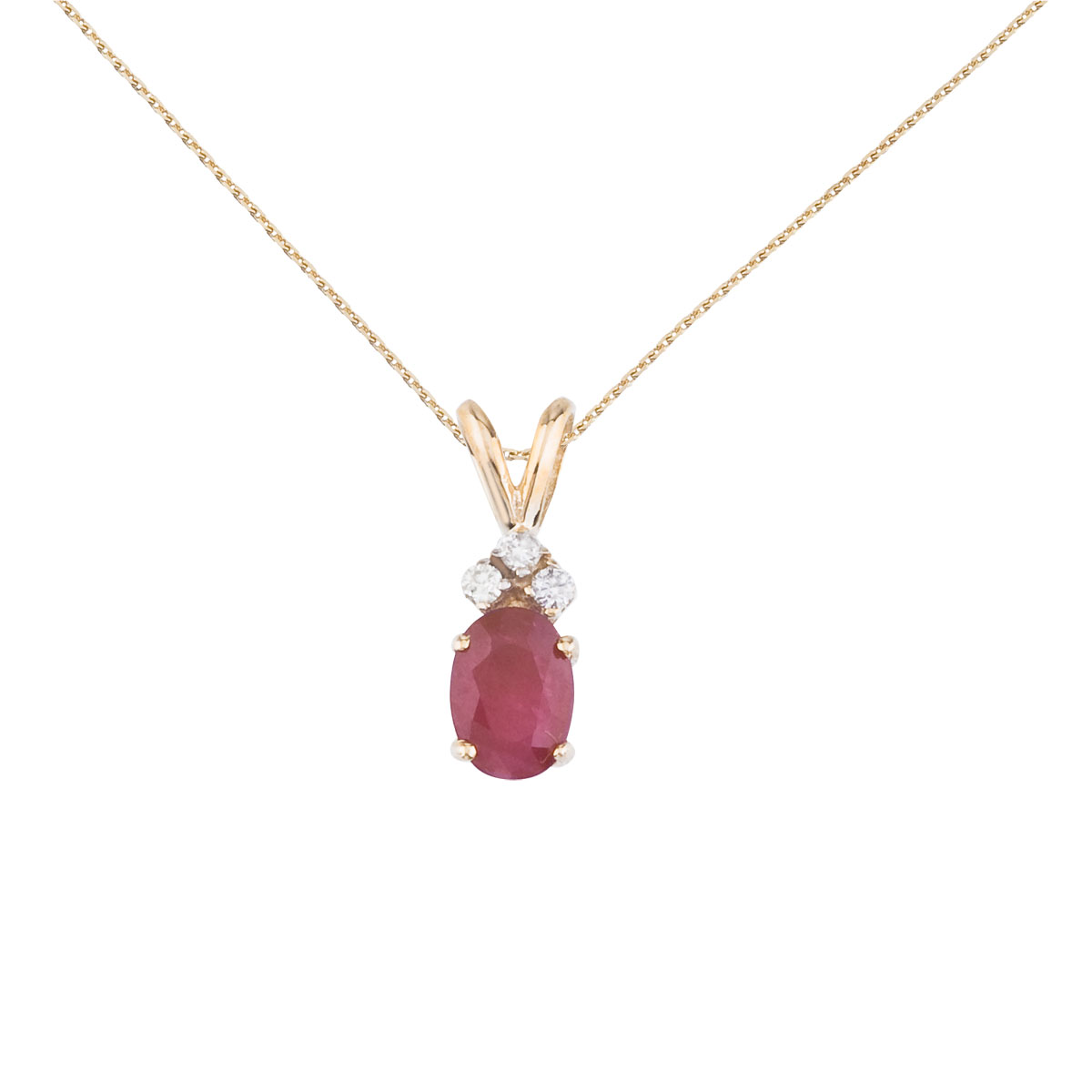 JCX2694: 7x5 mm oval natural ruby pendant topped with 3 bright diamonds set in 14k yellow gold.