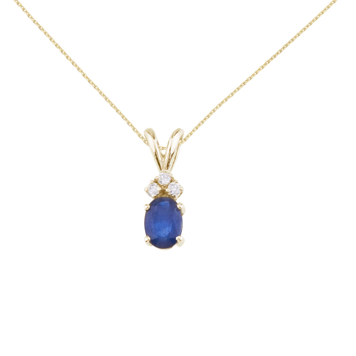 JCX2695: 7x5 mm oval natural sapphire pendant topped with 3 bright diamonds set in 14k yellow gold.