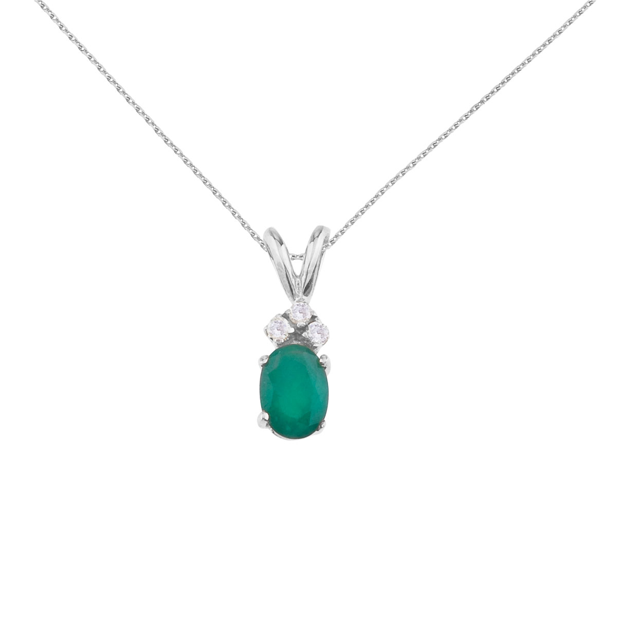 JCX2696: 7x5 mm oval natural emerald pendant topped with 3 bright diamonds set in 14k white gold.