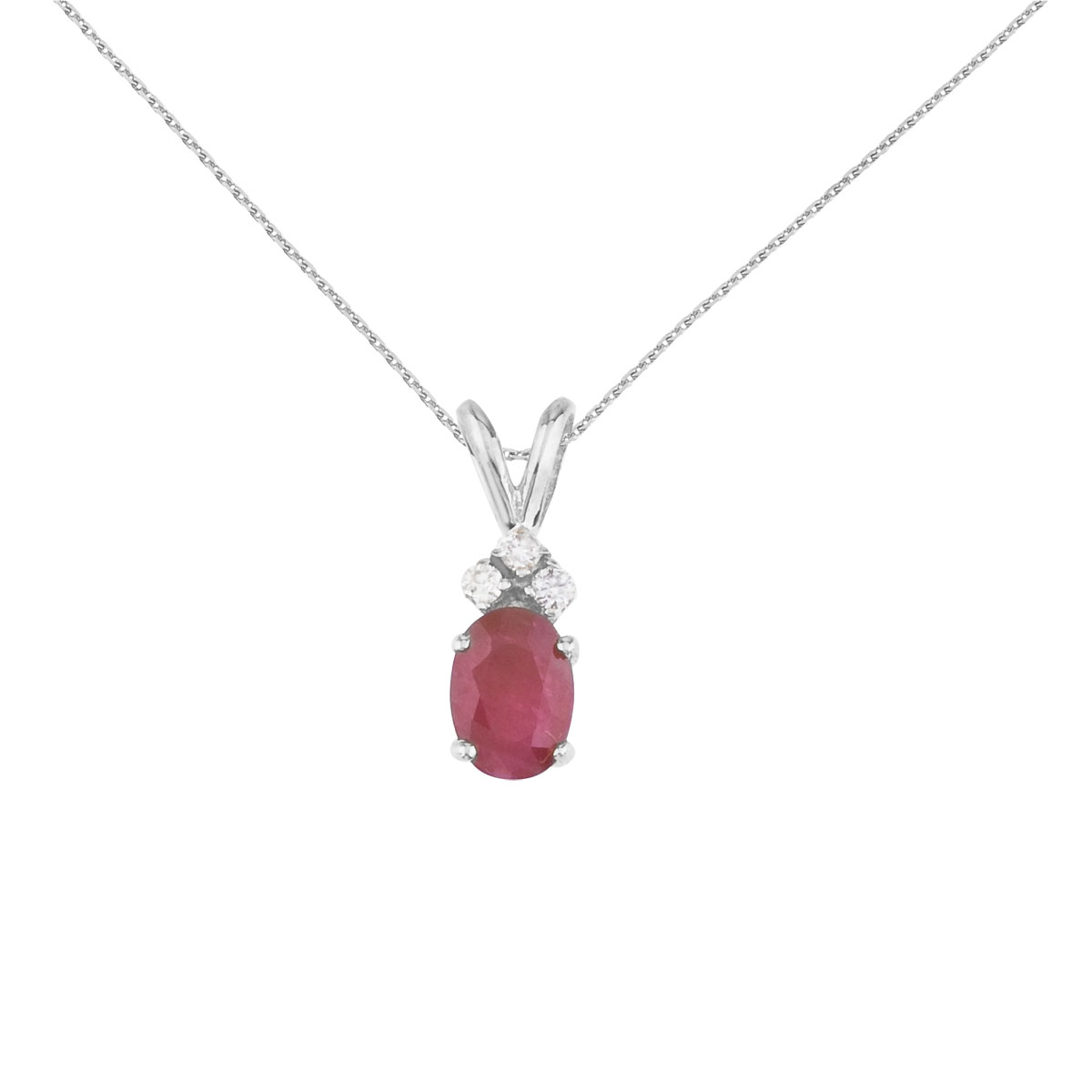 JCX2697: 7x5 mm oval natural ruby pendant topped with 3 bright diamonds set in 14k white gold.