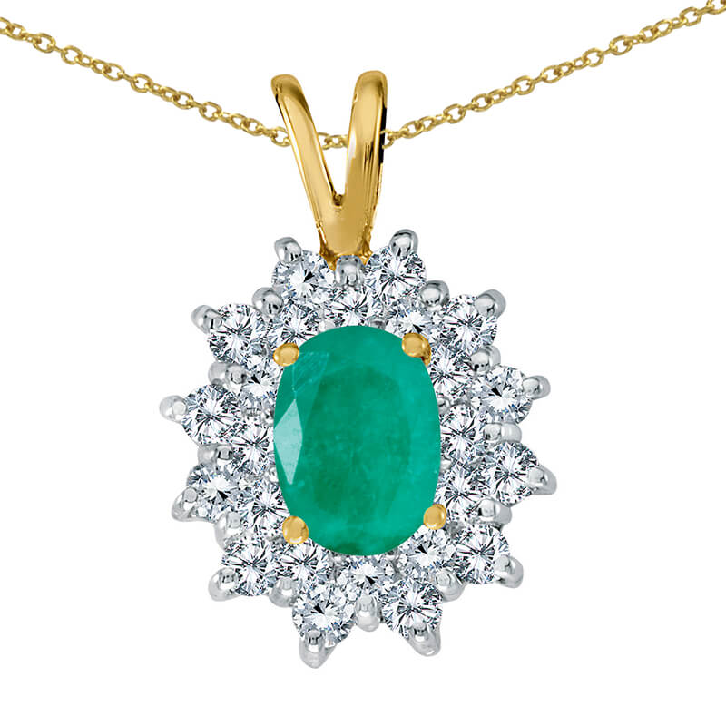 JCX2705: 7x5 mm genuine emerald pendant surrounded by .60 total ct diamonds in a beautiful sophisticated 14k yellow gold design.