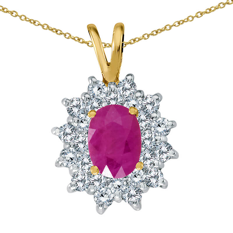 JCX2706: 7x5 mm genuine ruby pendant surrounded by .60 total ct diamonds in a beautiful sophisticated 14k yellow gold design.