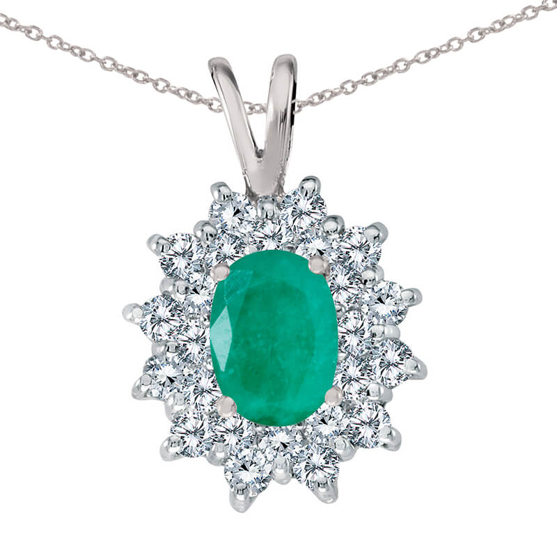 JCX2708: 7x5 mm genuine emerald pendant surrounded by .60 total ct diamonds in a beautiful sophisticated 14k white gold design.