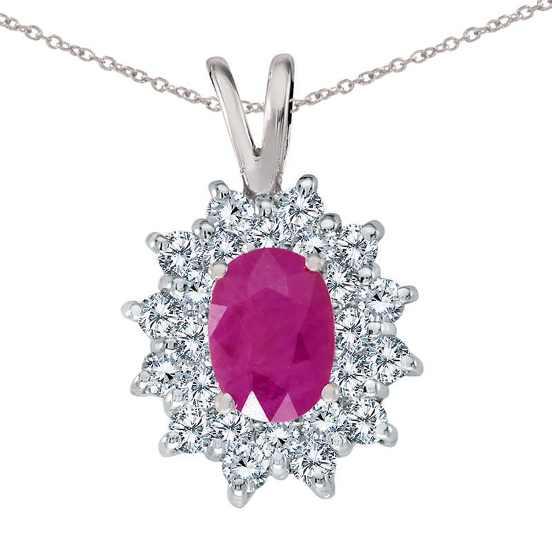 JCX2709: 7x5 mm genuine ruby pendant surrounded by .60 total ct diamonds in a beautiful sophisticated 14k white gold design.