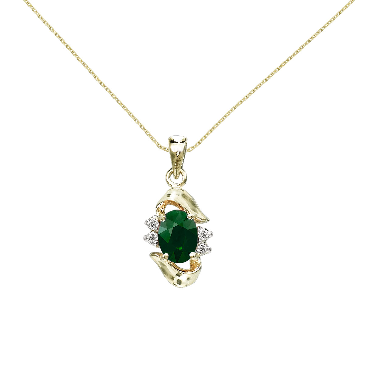 Add a hint of green to your look with this 14k yellow gold emerald pendant. Featuring a genuine 7x5 mm emerald surrounded by .06 carats of sparkling diamonds.