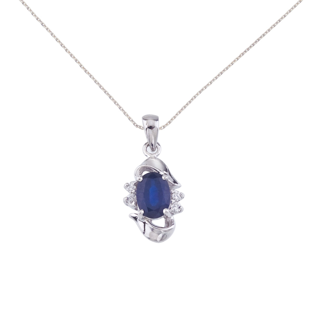 JCX2728: Add a hint of blue to your look with this 14k white gold emerald pendant. Featuring a genuine 7x5 mm sapphire surrounded by .06 carats of sparkling diamonds.