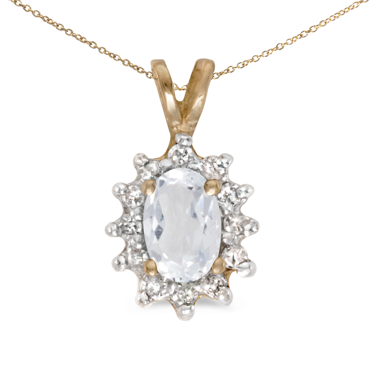 JCX2732: This 14k yellow gold oval white topaz and diamond pendant features a 6x4 mm genuine natural white topaz with a 0.48 ct total weight.
