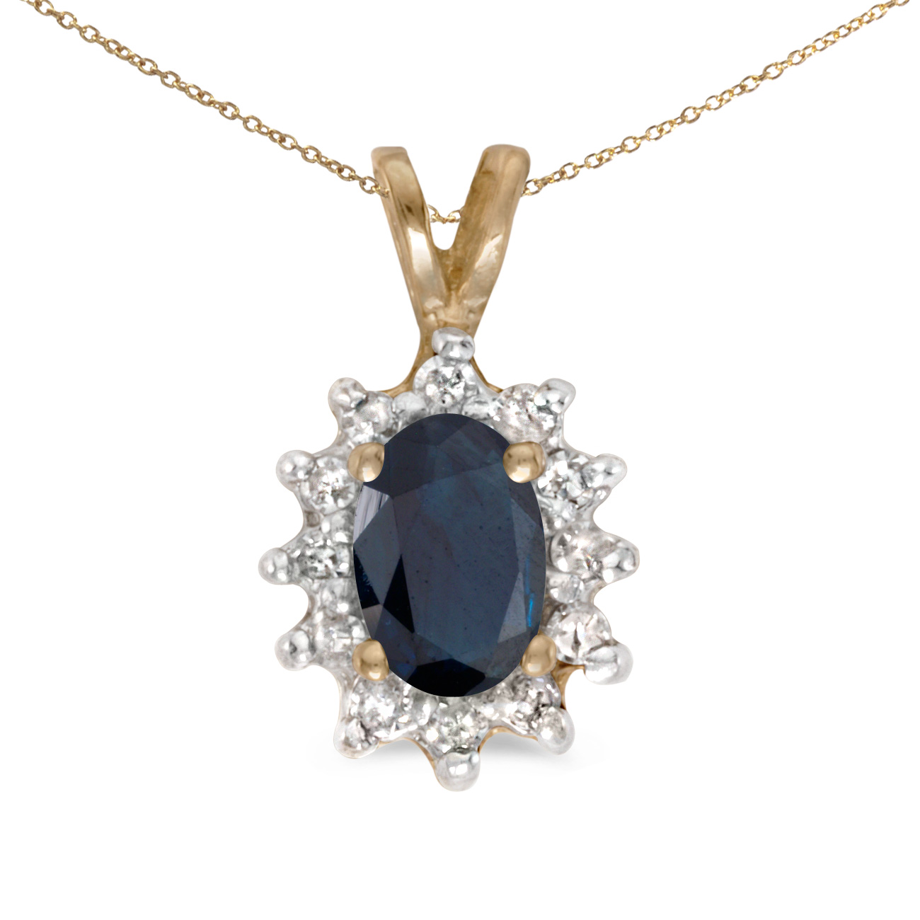 JCX2736: This 14k yellow gold oval sapphire and diamond pendant features a 6x4 mm genuine natural sapphire with a 0.39 ct total weight.