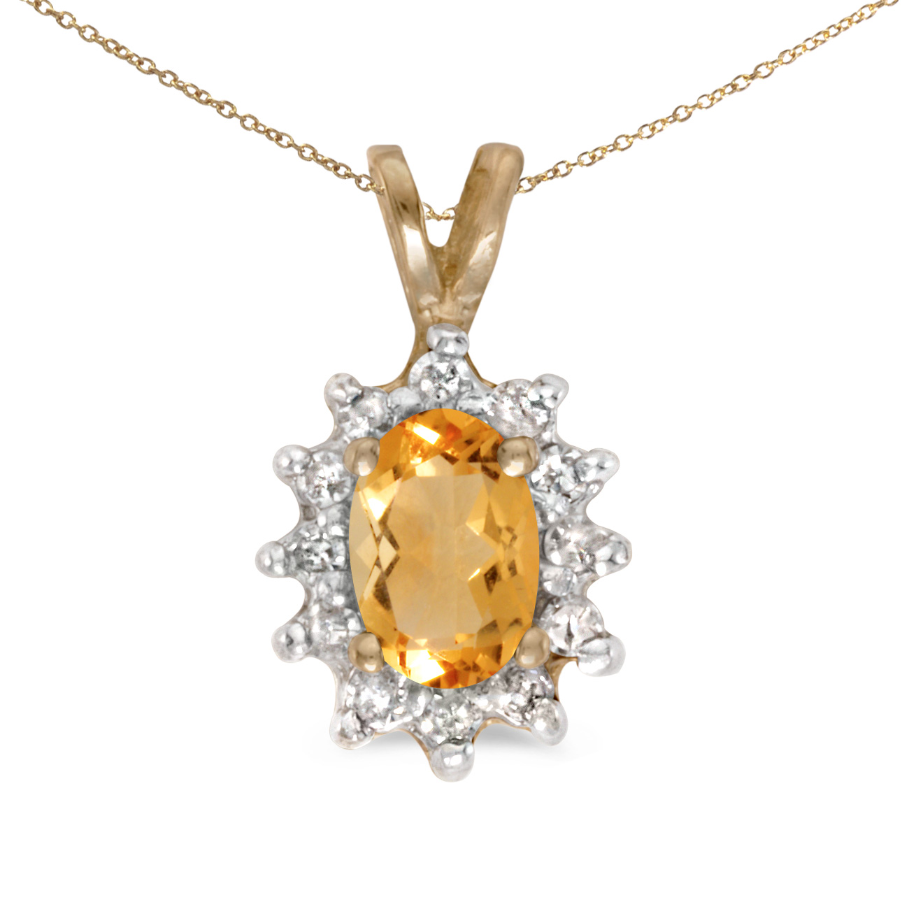 JCX2738: This 14k yellow gold oval citrine and diamond pendant features a 6x4 mm genuine natural citrine with a 0.31 ct total weight.