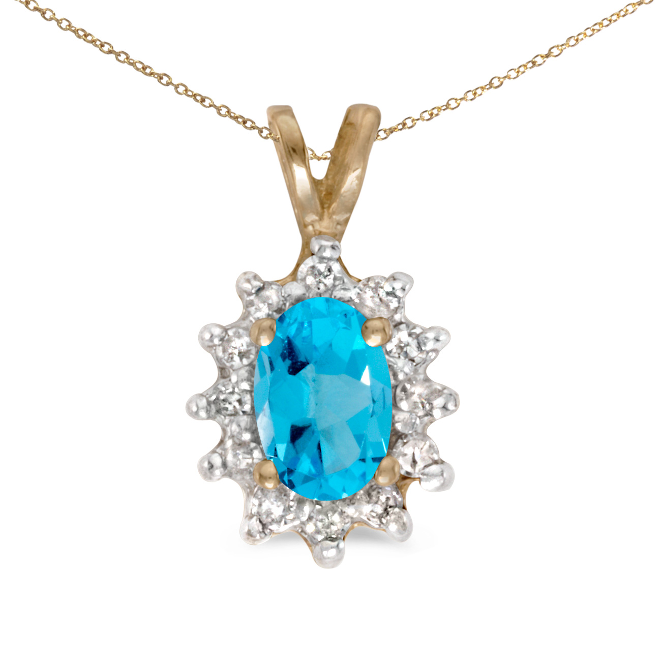 This 14k yellow gold oval blue topaz and diamond pendant features a 6x4 mm genuine natural blue topaz with a 0.40 ct total weight.