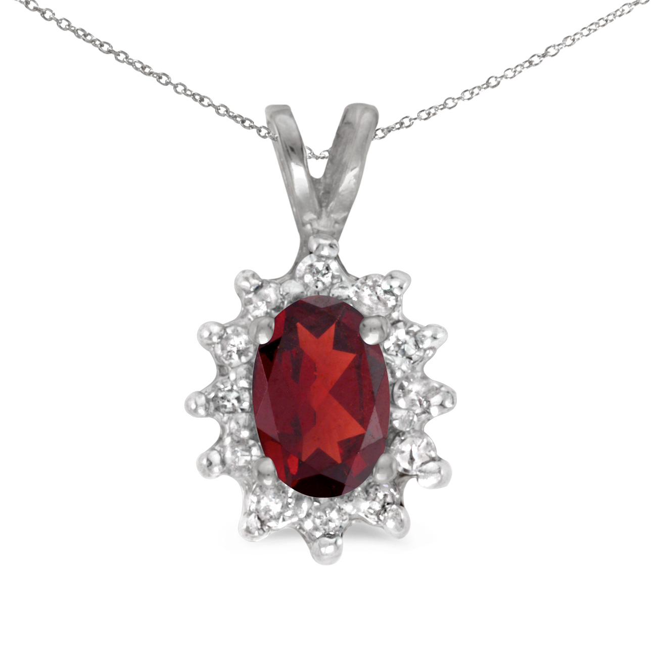 JCX2743: This 14k white gold oval garnet and diamond pendant features a 6x4 mm genuine natural garnet with a 0.47 ct total weight.