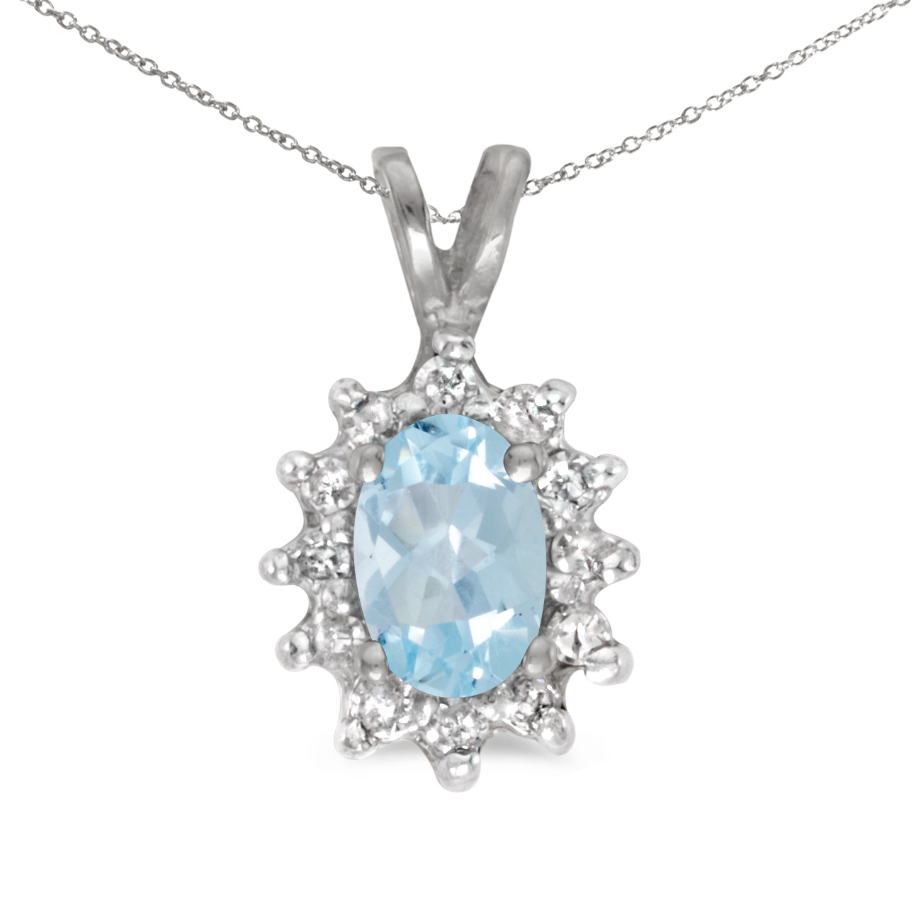 JCX2745: This 14k white gold oval aquamarine and diamond pendant features a 6x4 mm genuine natural aquamarine with a 0.29 ct total weight.