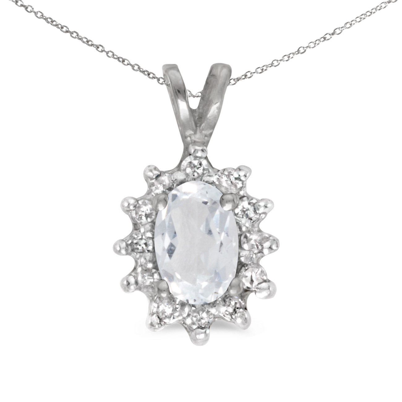 JCX2746: This 14k white gold oval white topaz and diamond pendant features a 6x4 mm genuine natural white topaz with a 0.48 ct total weight.