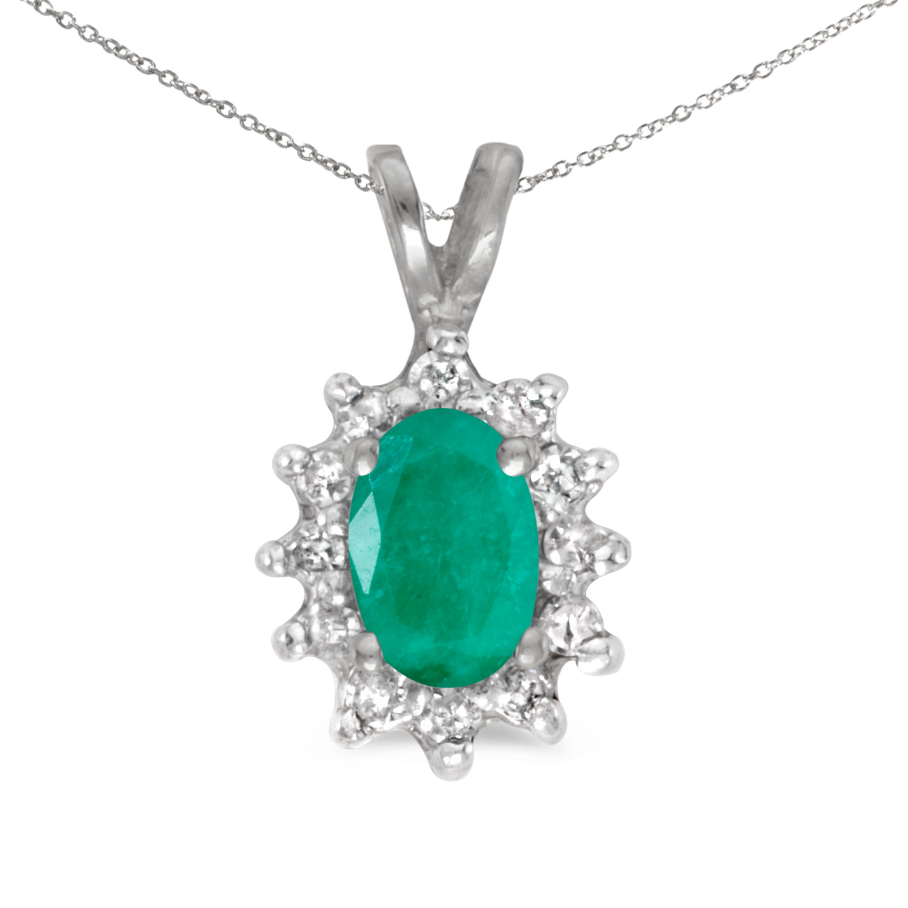 JCX2747: This 14k white gold oval emerald and diamond pendant features a 6x4 mm genuine natural emerald with a 0.31 ct total weight.