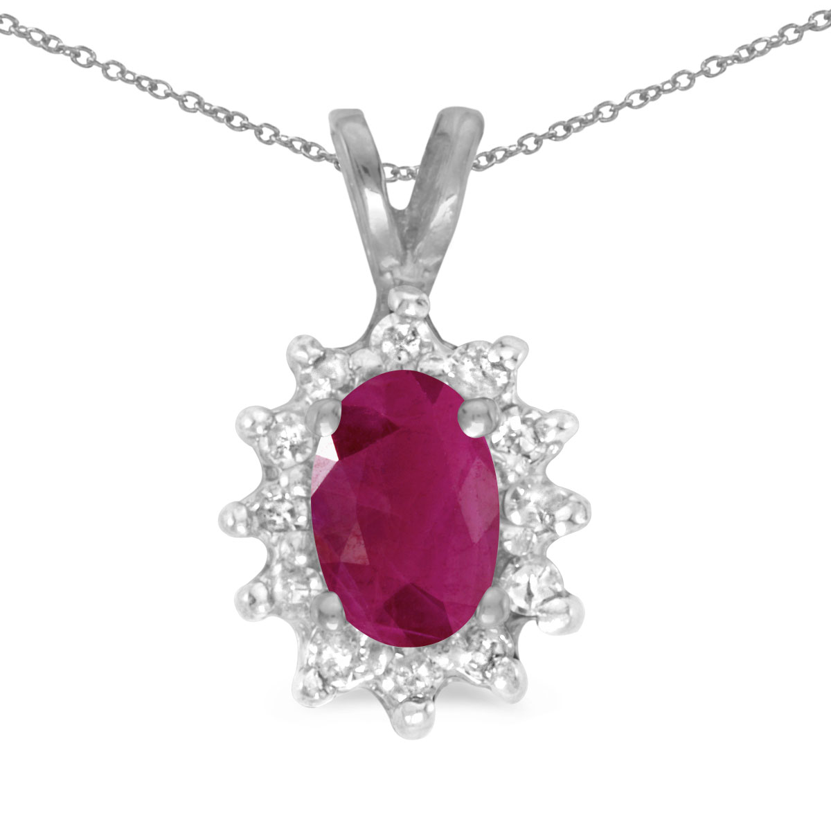 JCX2748: This 14k white gold oval ruby and diamond pendant features a 6x4 mm genuine natural ruby with a 0.36 ct total weight.