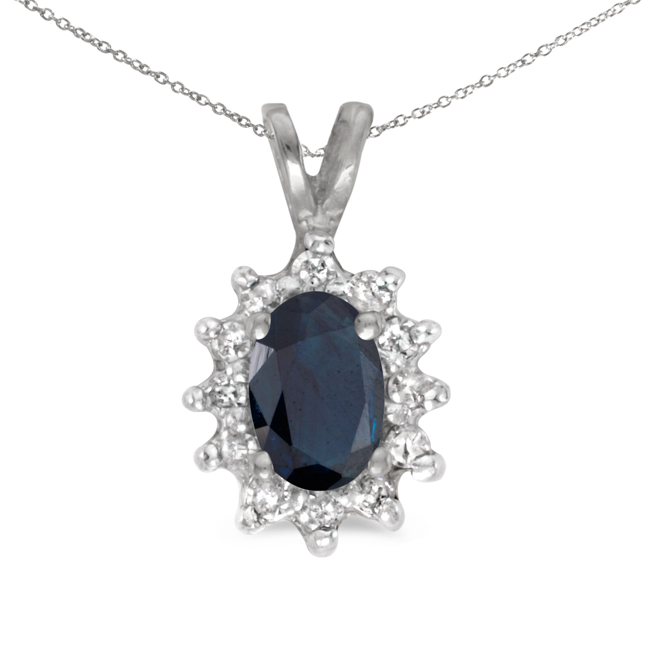 JCX2750: This 14k white gold oval sapphire and diamond pendant features a 6x4 mm genuine natural sapphire with a 0.39 ct total weight.
