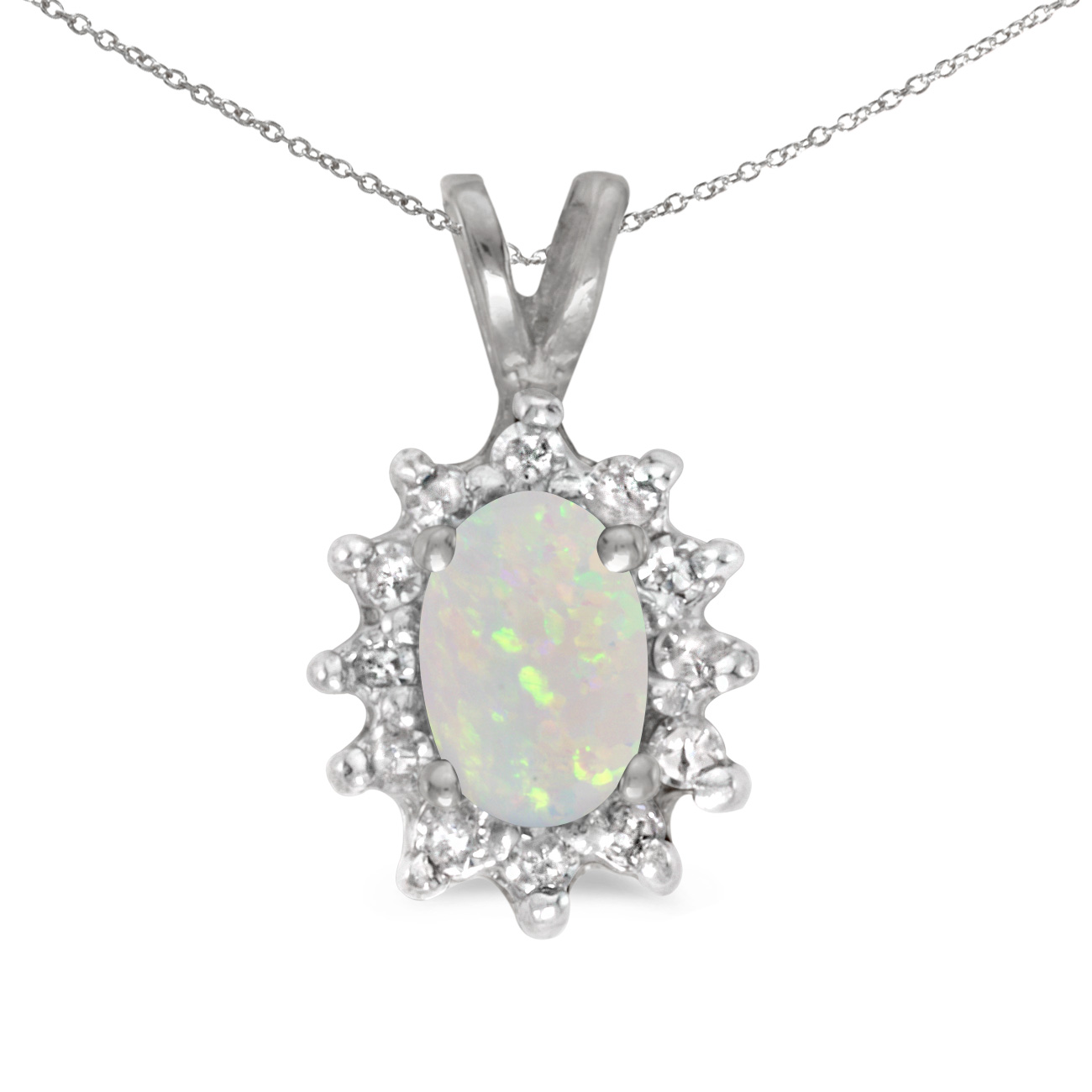 JCX2751: This 14k white gold oval opal and diamond pendant features a 6x4 mm genuine natural opal with a 0.19 ct total weight.