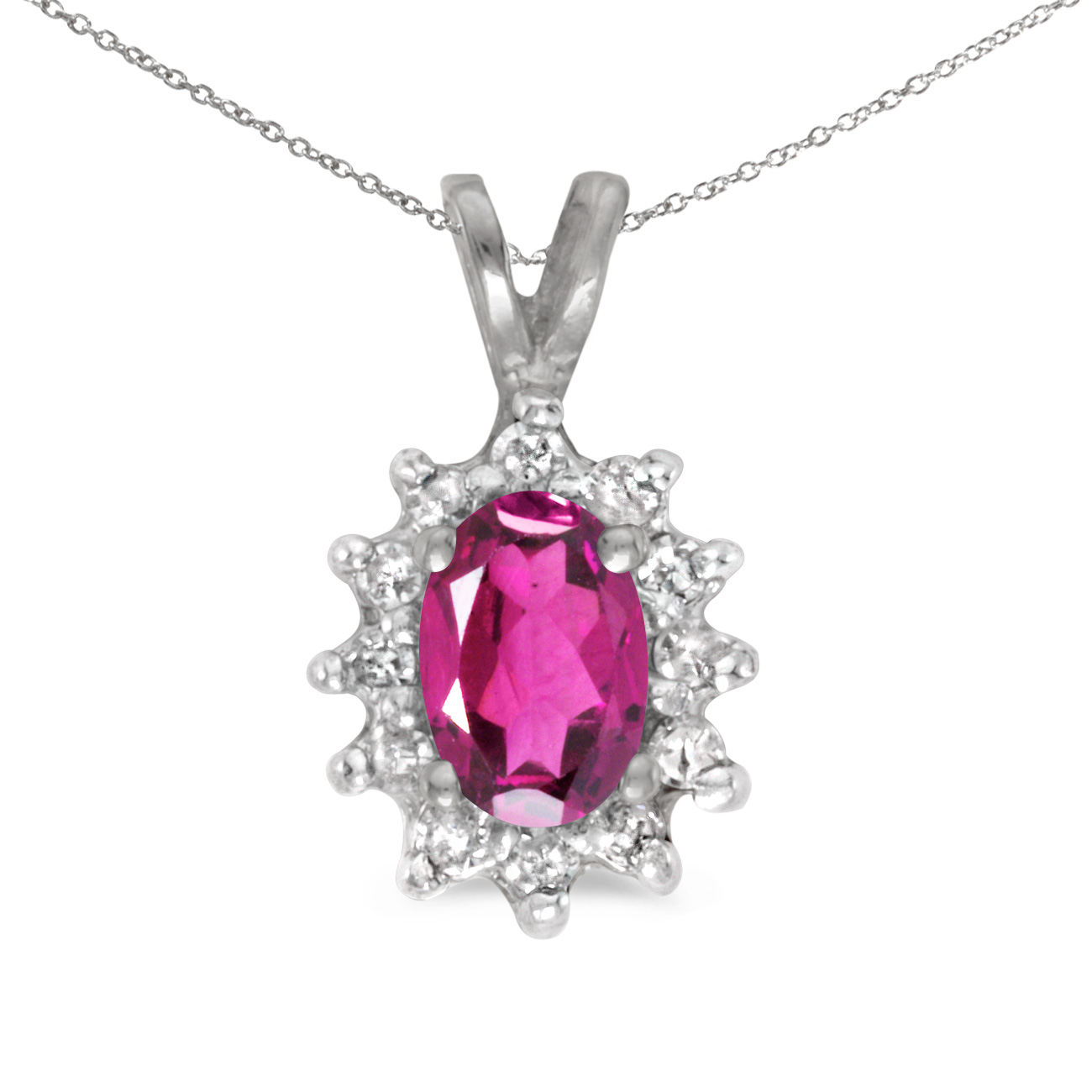 JCX2755: This 14k white gold oval pink topaz and diamond pendant features a 6x4 mm genuine natural pink topaz with a 0.43 ct total weight.
