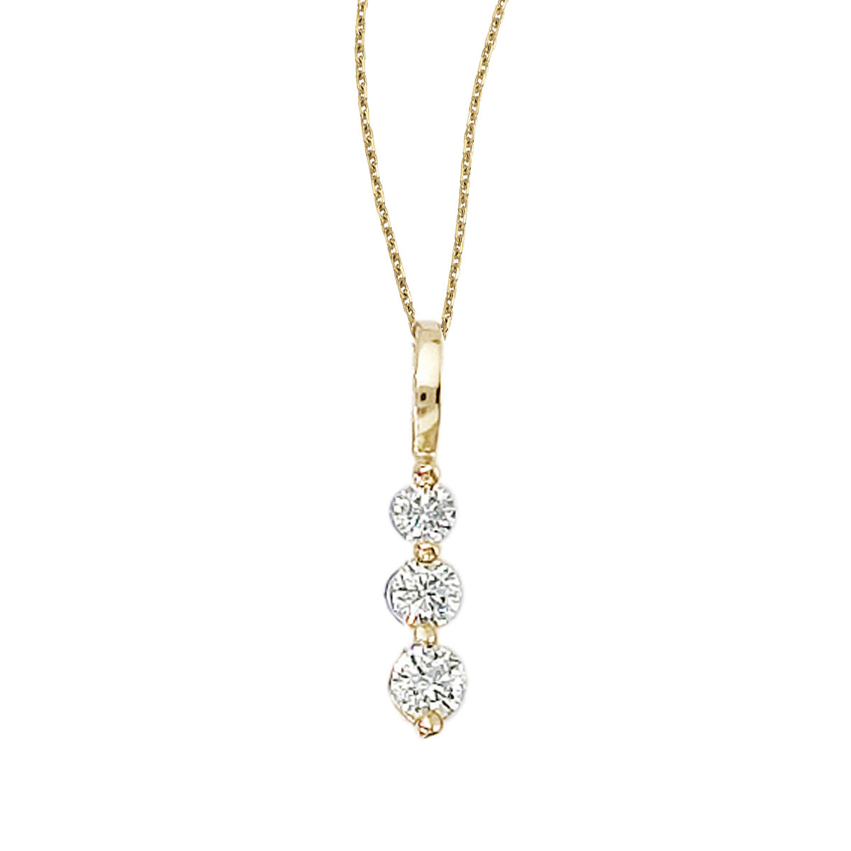 JCX2773: This 14k yellow gold 0.25 ct three stone diamond pendant features gorgeous sparkling diamonds in H-I color and SI clarity.