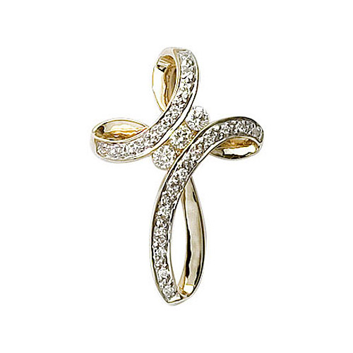 JCX2801: 14k yellow 3 stone gold cross featuring .25 total ct diamonds. A fashionable take on a classic design.