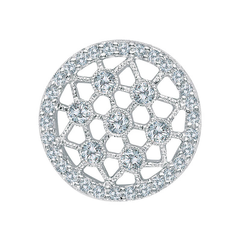JCX2862: This beautiful round 14k white gold pendant features .59 carats of bright diamonds set in a classic design.