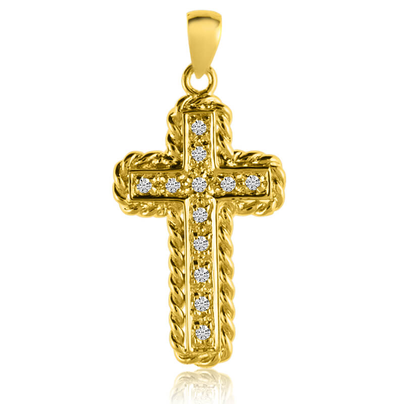 JCX2871: Bright diamonds set in a beautifully designed cross pendant with a rope-style 14k yellow gold outline.