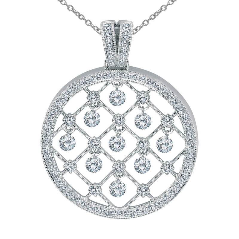 JCX2881: 14k gold Dashinng Diamonds pendant with 1.25 total ct diamonds. The center dangling diamond dances and shimmers with every heartbeat.