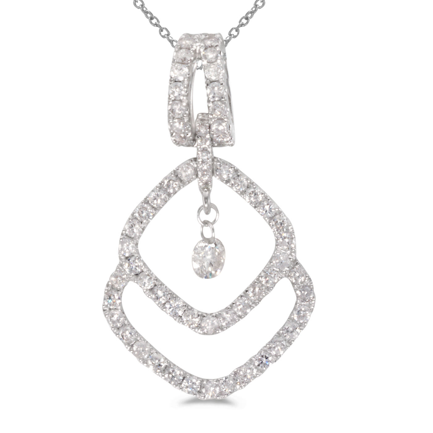 JCX2887: 14k gold Dashinng Diamonds pendant with 0.58 total ct diamonds. The center dangling diamond dances and shimmers with every heartbeat.