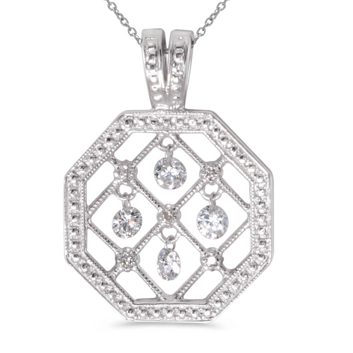JCX2900: 14k gold Dashinng Diamonds pendant with 0.36 total ct diamonds. The center dangling diamond dances and shimmers with every heartbeat.