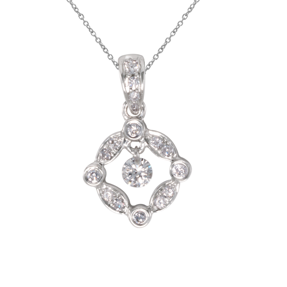 JCX2903: 14k gold Dashinng Diamonds pendant with 0.25 total ct diamonds. The center dangling diamond dances and shimmers with every heartbeat.