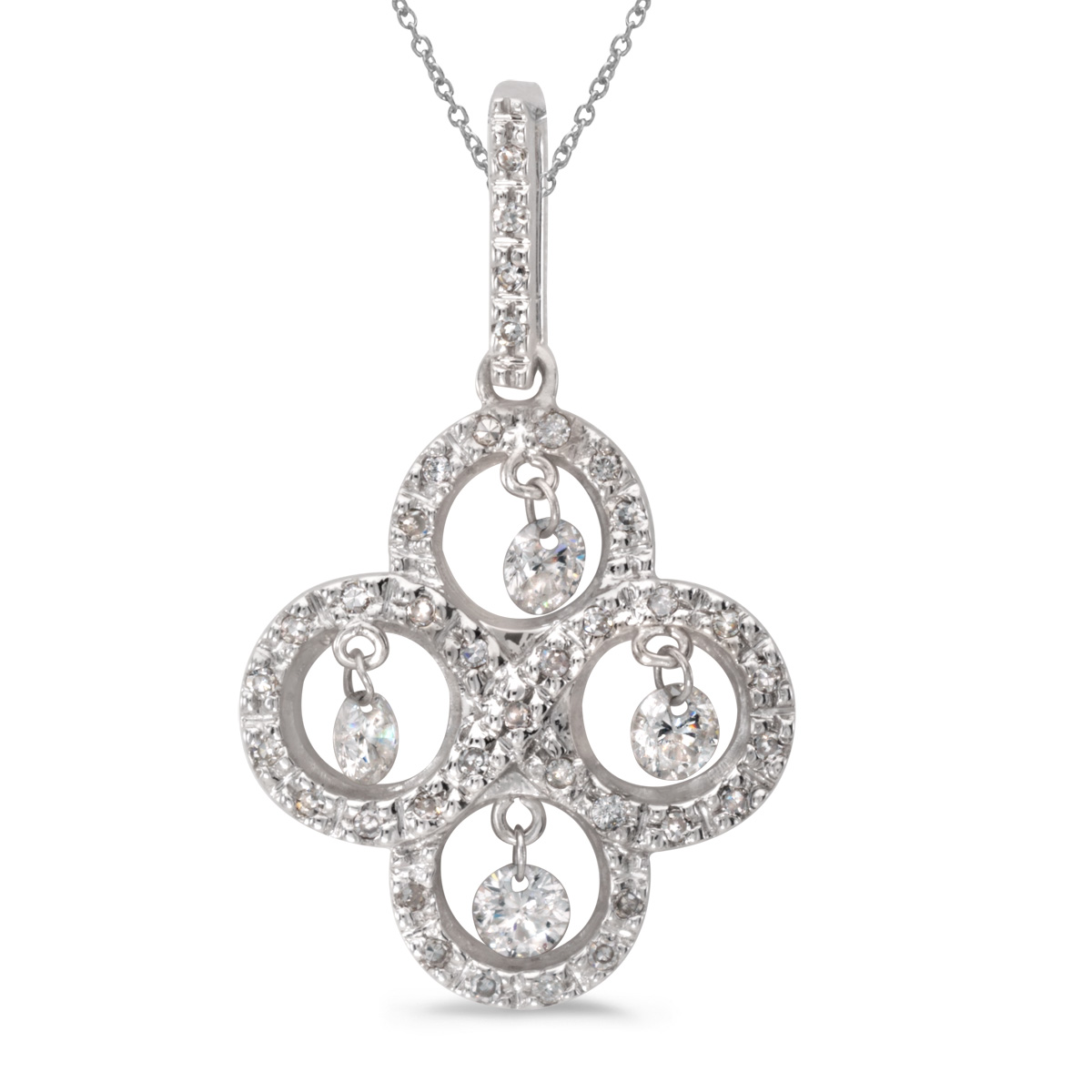 14k gold Dashinng Diamonds pendant with 0.43 total ct diamonds. The center dangling diamond dances and shimmers with every heartbeat.